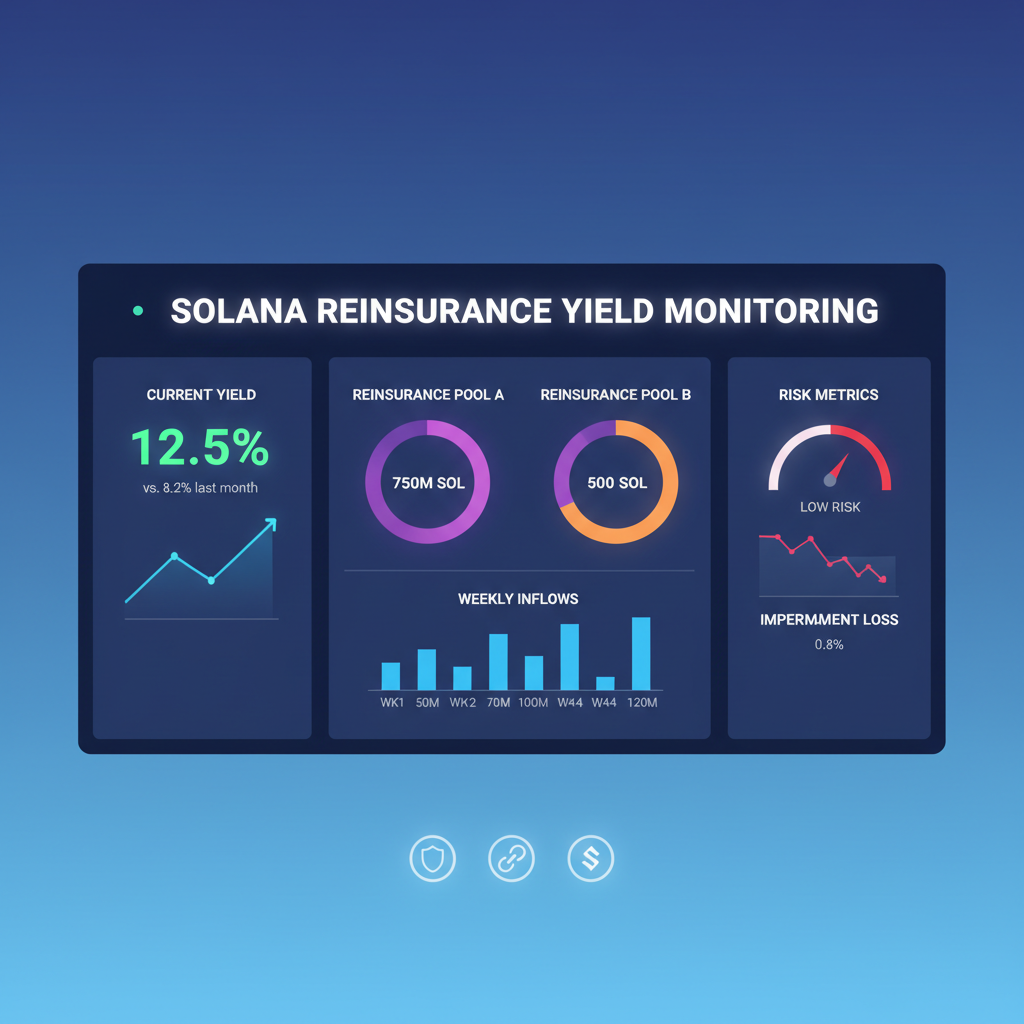 Real-time yield monitoring dashboard with charts, Solana reinsurance metrics glowing