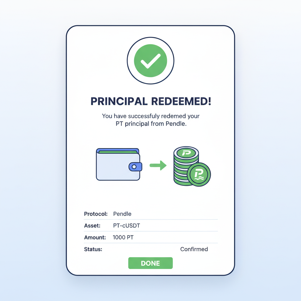 Wallet redeeming PT principal from Pendle, success confirmation screen