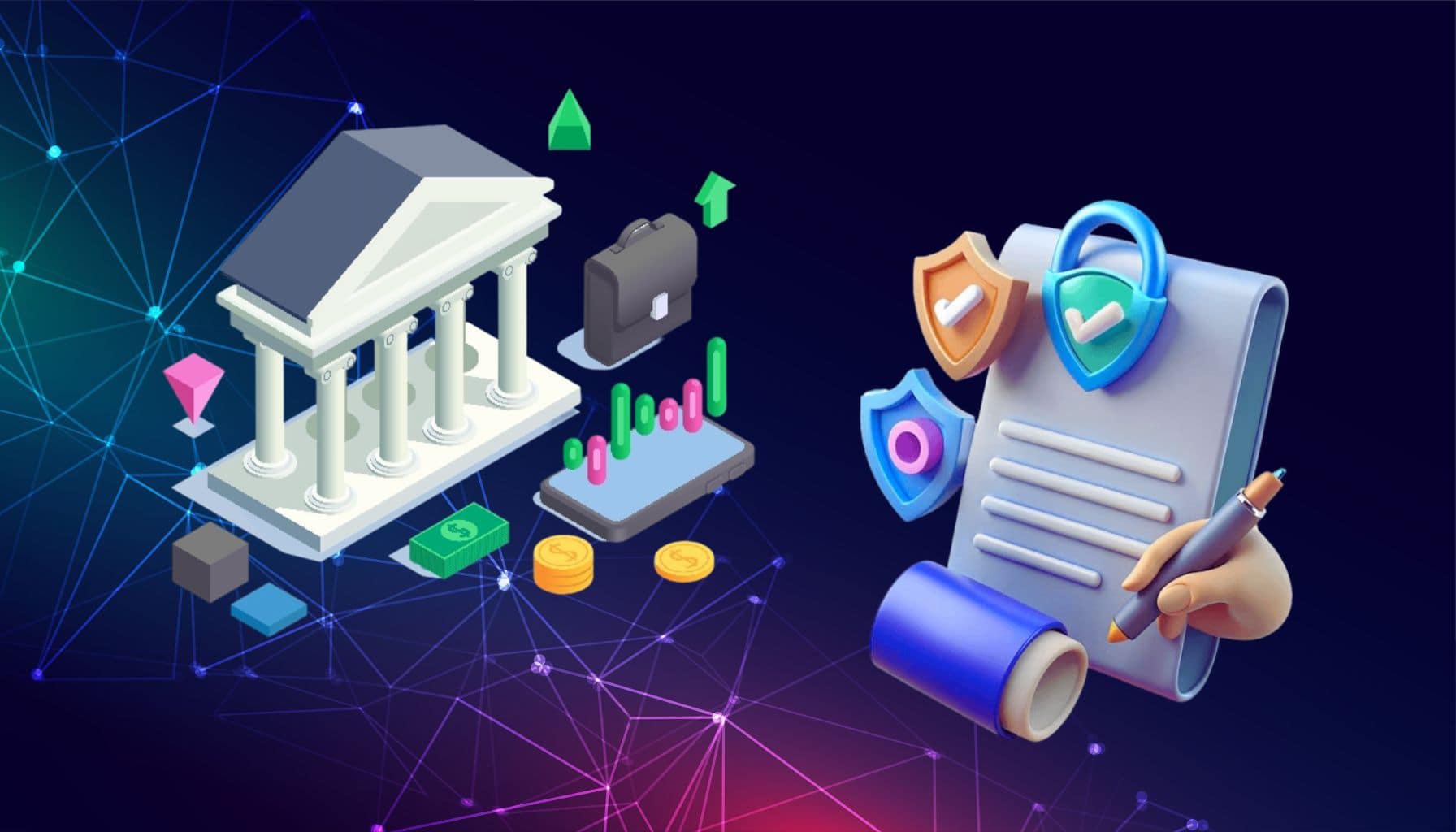 Illustration of a blockchain smart contract automating reinsurance claim settlement, showing digital contracts, insurance icons, and blockchain connectivity