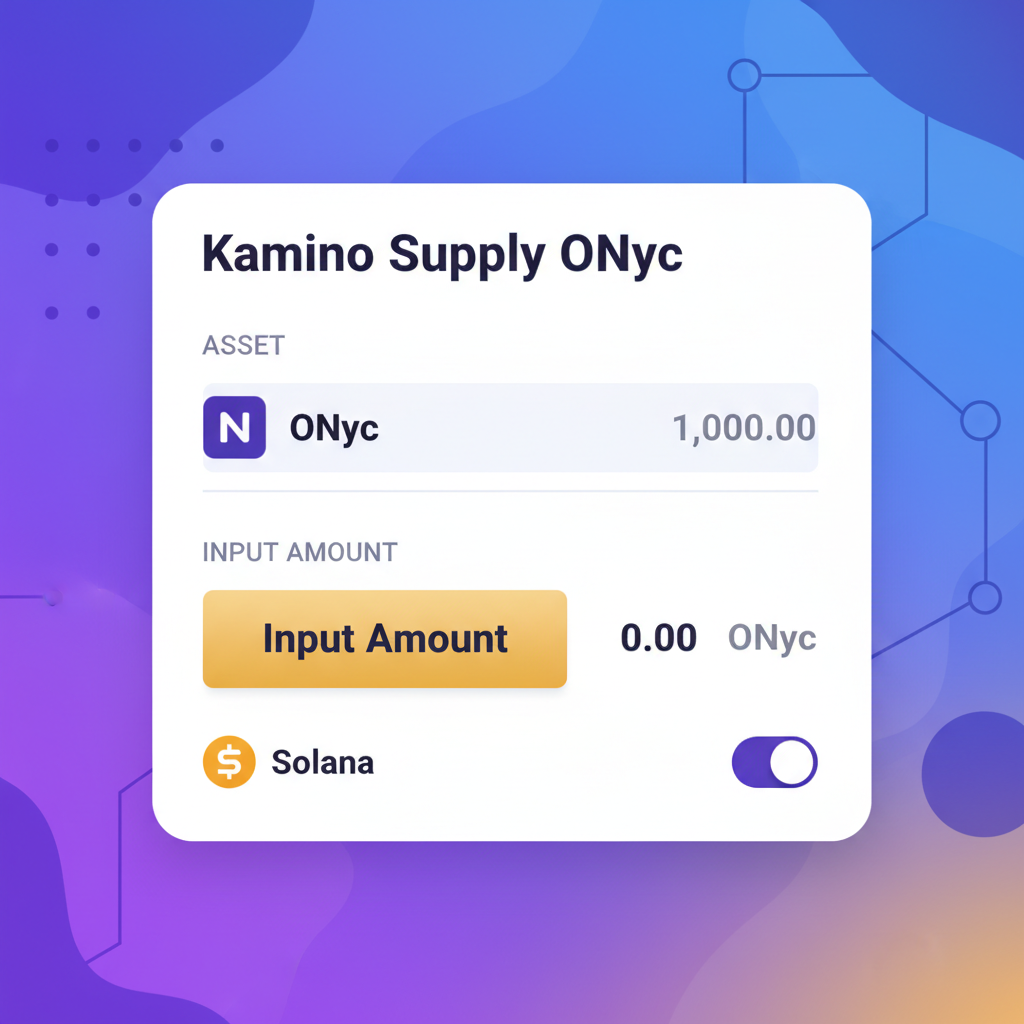 Kamino supply ONyc interface input amount button Solana theme