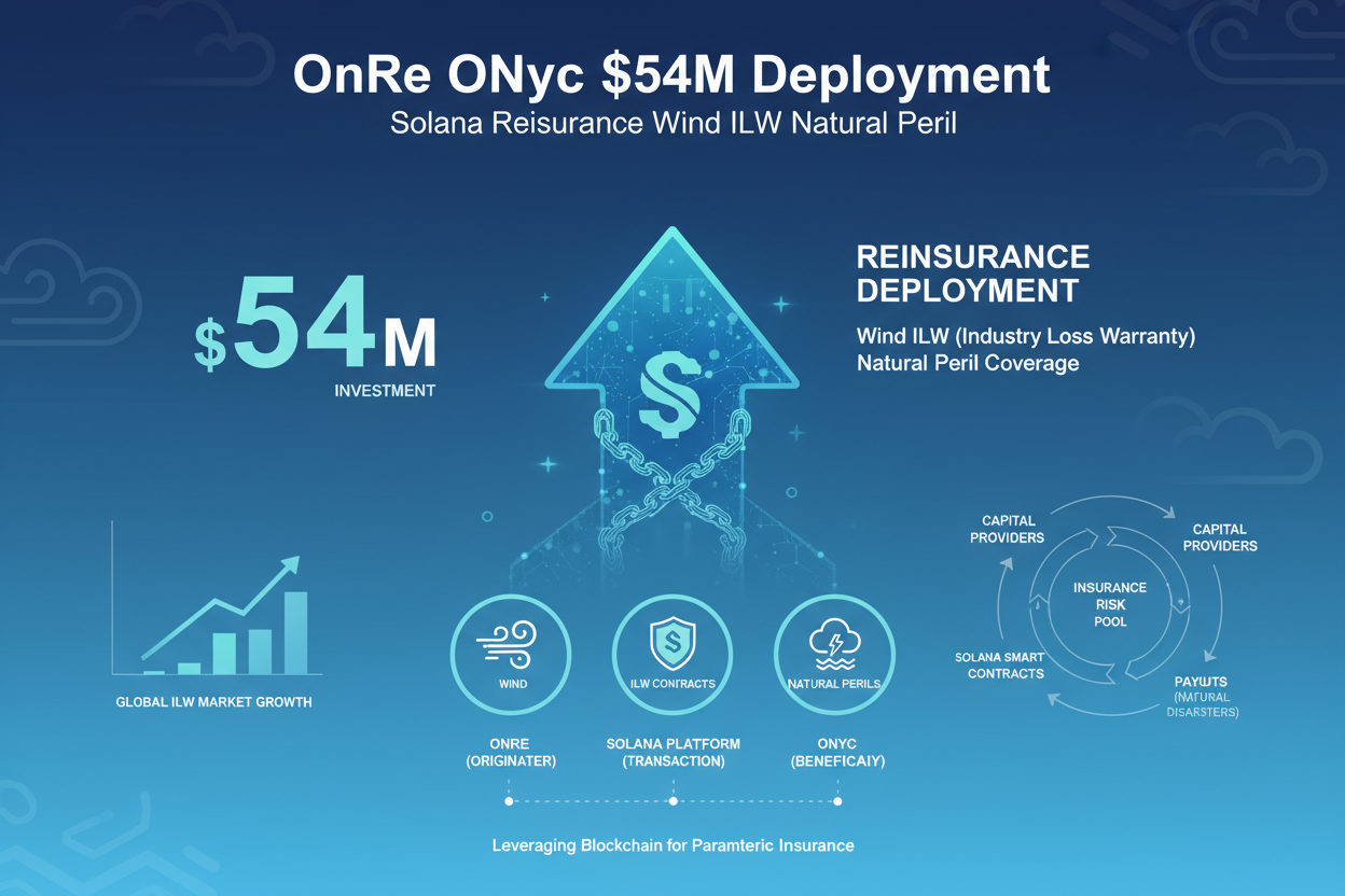 Infographic breakdown of OnRe's $54M ONyc deployment across U.S. wind ILW and global natural peril reinsurance programs on Solana blockchain