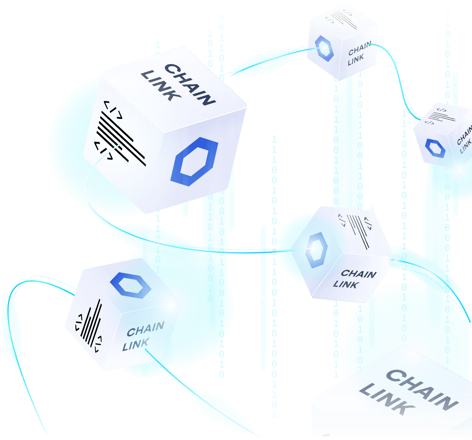 Stylized graphic of Chainlink oracles connecting off-chain reserves to on-chain smart contracts for real-time collateral verification in reinsurance