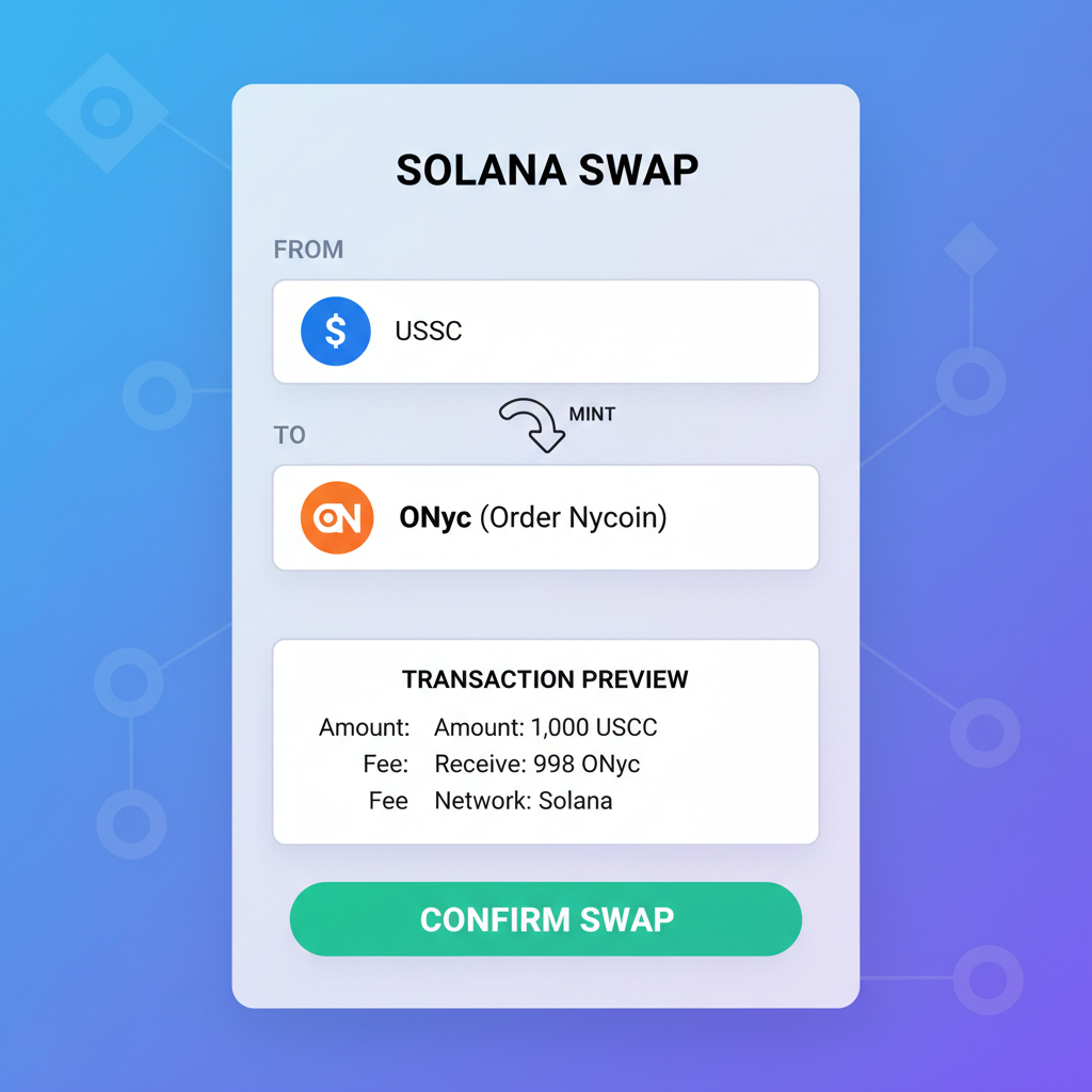 DeFi swap screen minting ONyc from USDC, transaction preview, Solana blockchain