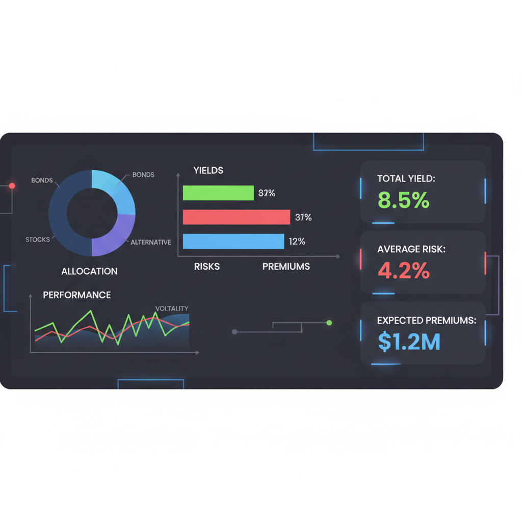 Re dashboard monitoring yields, risks, and premiums graph, data analytics style, dark mode