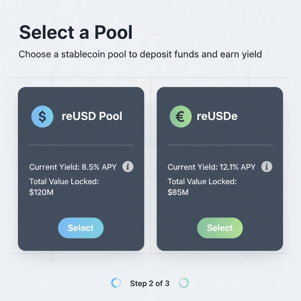 Re protocol pool selection screen showing reUSD and reUSDe options with yield stats, clean dashboard