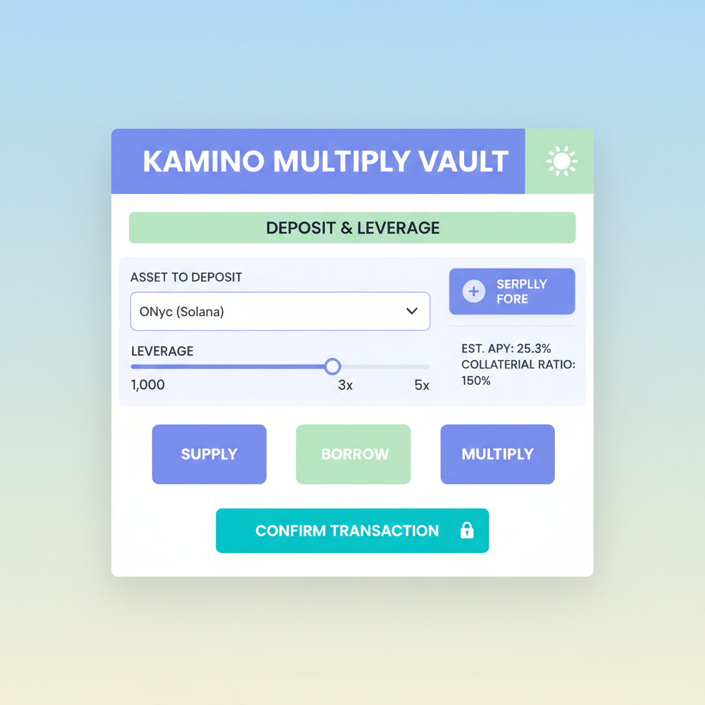 Kamino Multiply vault dashboard, depositing ONyc with leverage options, Solana DeFi style